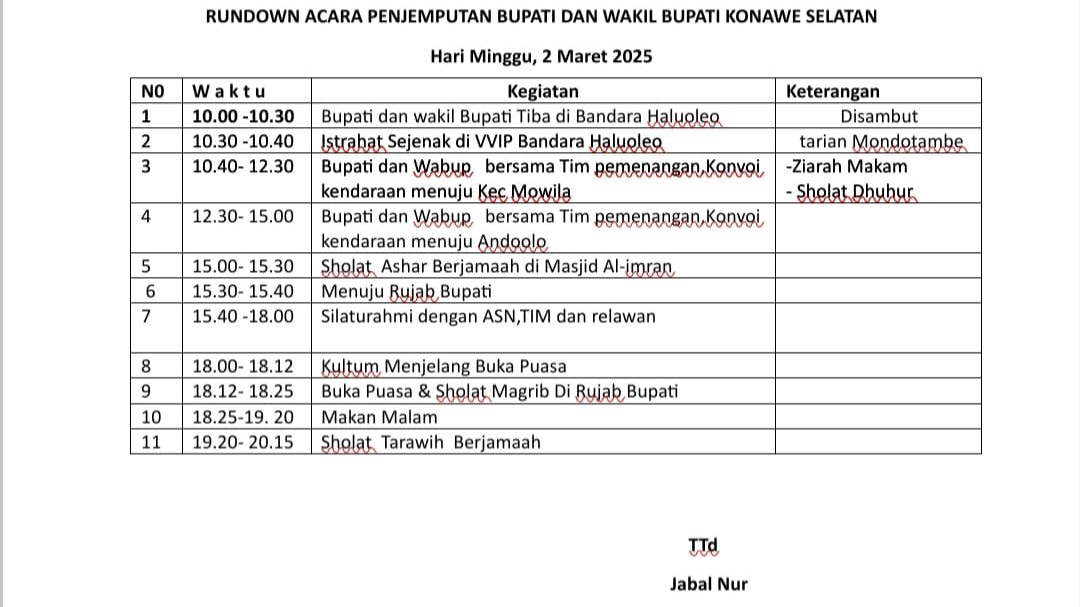 Jadwal Terbaru Penjemputan Bupati dan Wakil Bupati Konawe Selatan